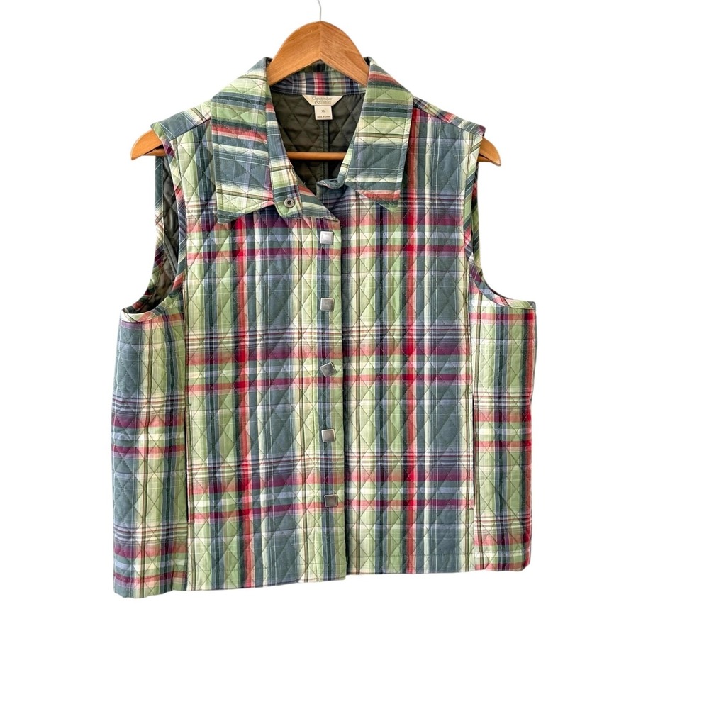Womens Plaid Quilted Vest Womens XL Multicolor Snap Front Preppy Academia